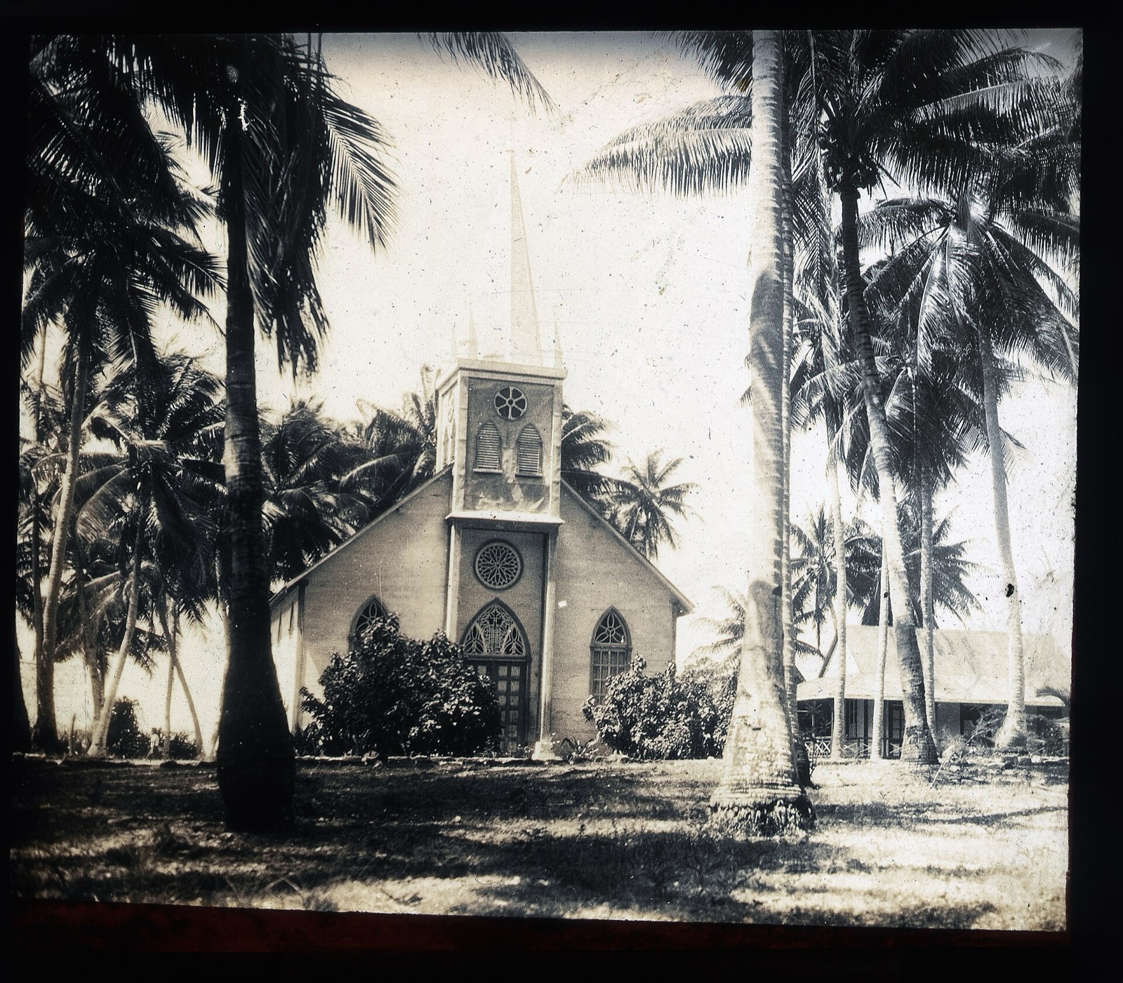 A mission church on Nauru, surrounded by coconut palms