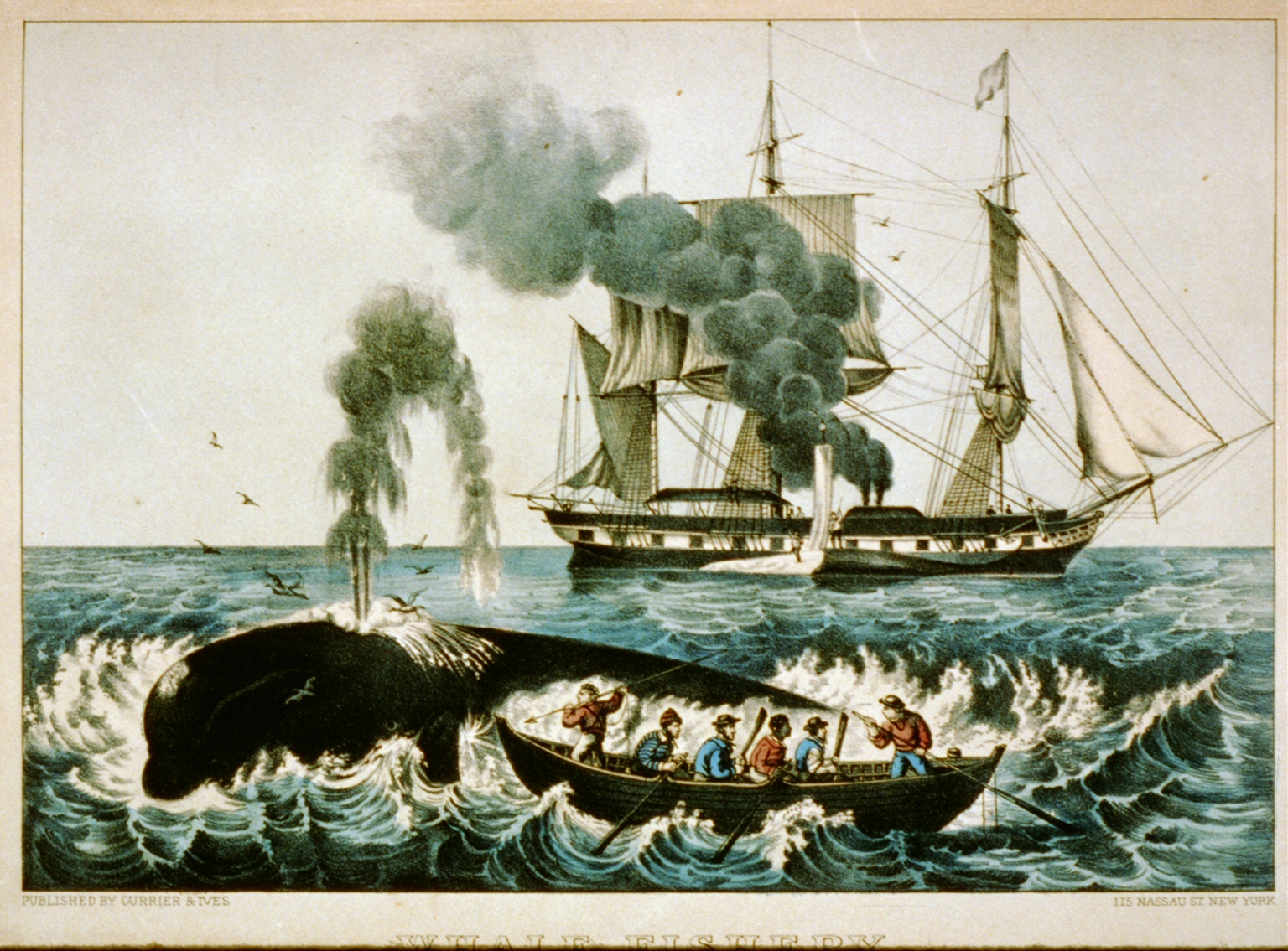 A nineteenth-century print of whalers hunting a sperm whale